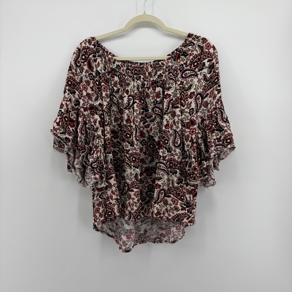 Cato Womens Medium Multicolor Paisley Blouse Ruffle Bell Sleeve Smocked Top